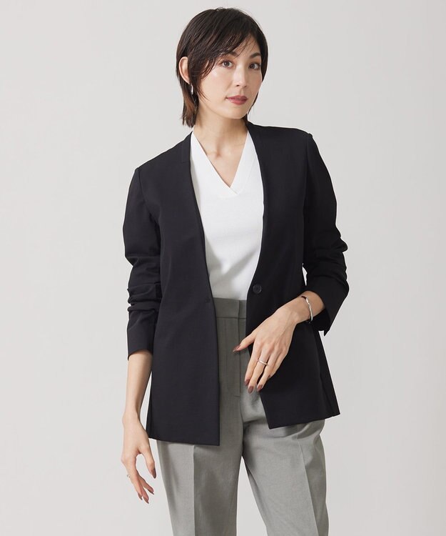 ICB 【洗える】コットンコンプレッシャー ノーカラージャケット ブラック系