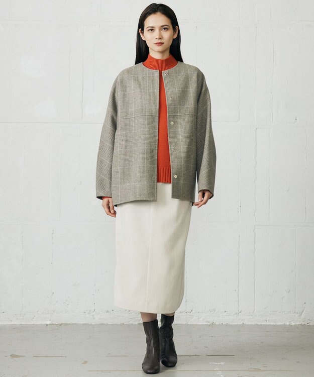 自由区 L 【17号サイズまで展開・カタログ掲載】ウールリバーチェック柄ノーカラー コート モカチェック