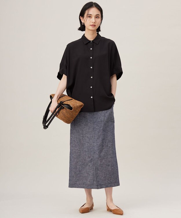 自由区 【洗える】コットンリネンシャンブレー スカート インディゴ系