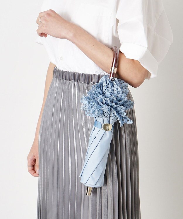 MOONBAT 【遮光/晴雨兼用日傘】POLO RALPH LAUREN（ポロラルフローレン） 折りたたみ日傘 エンブフリル 遮熱 UV スカイブルー