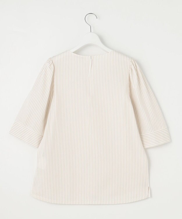 自由区 【接触冷感・UVカット・洗える】ストライプコットンハイゲージフレアスリーブ カットソー オフ×シナモン