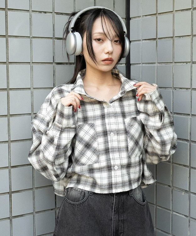 WEGO チェックショートネルシャツ ホワイトアイボリー