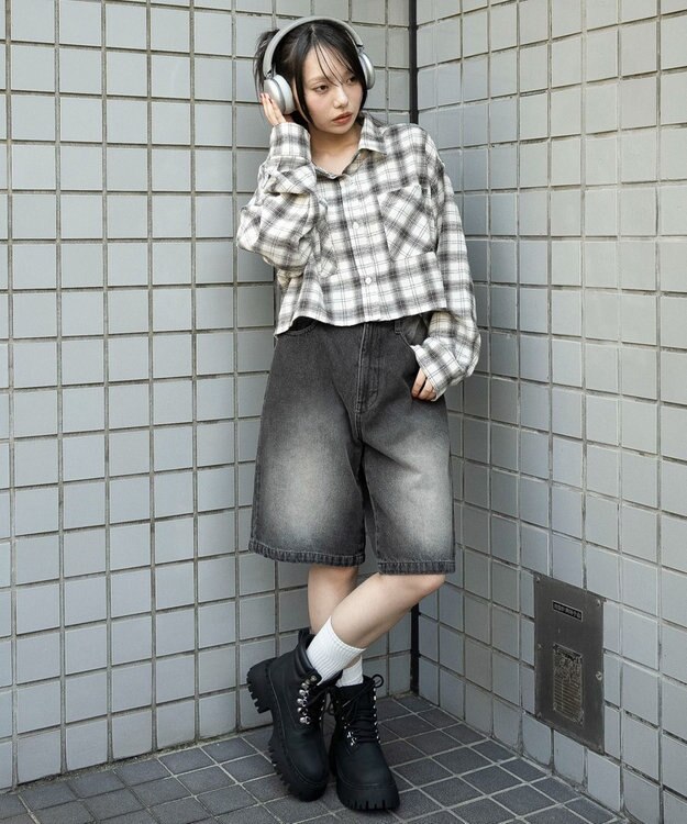 WEGO チェックショートネルシャツ ホワイトアイボリー