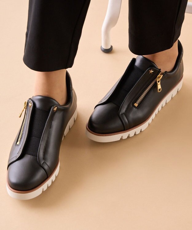 Dominic3 センターゴムサイドジップ レザースニーカー ブラック