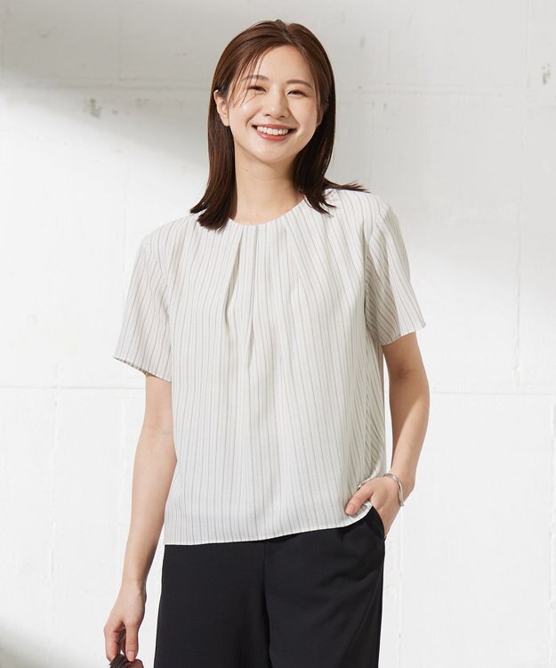 J.PRESS LADIES L シアーストライプ&チェック カットソー ベージュ系1