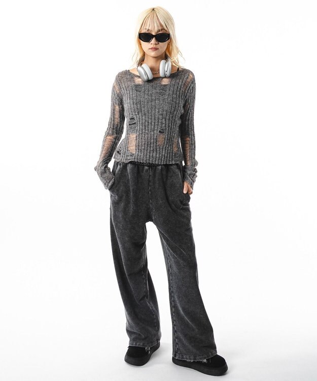 WEGO 【ユニセックス着用ITEM】ブリーチスタッズロゴスウェットパンツ スミクロ