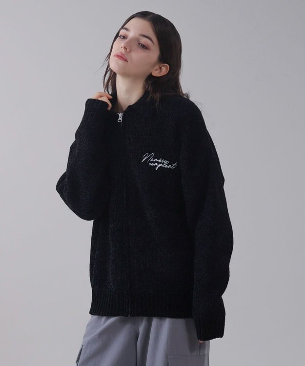 WEGO 【ユニセックス着用ITEM】ベロアモールワンポイントZIPカーディガン ブラック