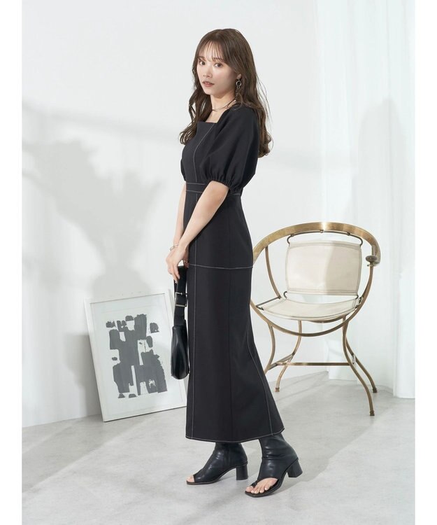 earth music&ecology 配色ステッチパフスリーブワンピース Black