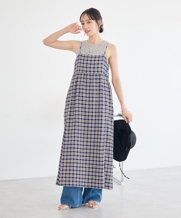 earth music&ecology シャーリングラメチェックキャミワンピース Navy
