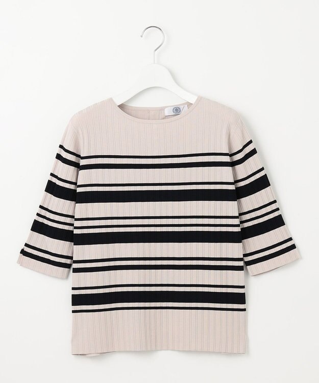 J.PRESS LADIES L 【洗える】レーヨンエリートストレッチ ボーダー ニット ベージュ×ネイビー系