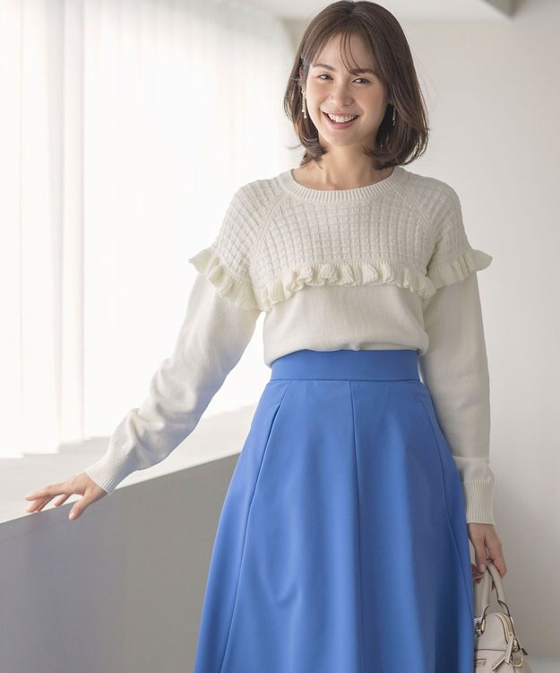 組曲 バスケット編みフリル ニット アイボリー系