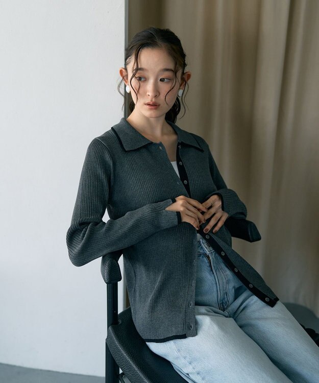 earth music&ecology バイカラートリムロングニットカーディガン Charcoal Gray