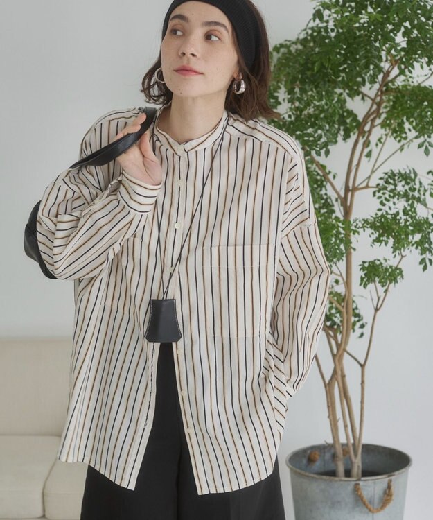 WEGO 着丈が選べる オーバーサイズ バンドカラー シャツ / ストライプ / 無地 柄1