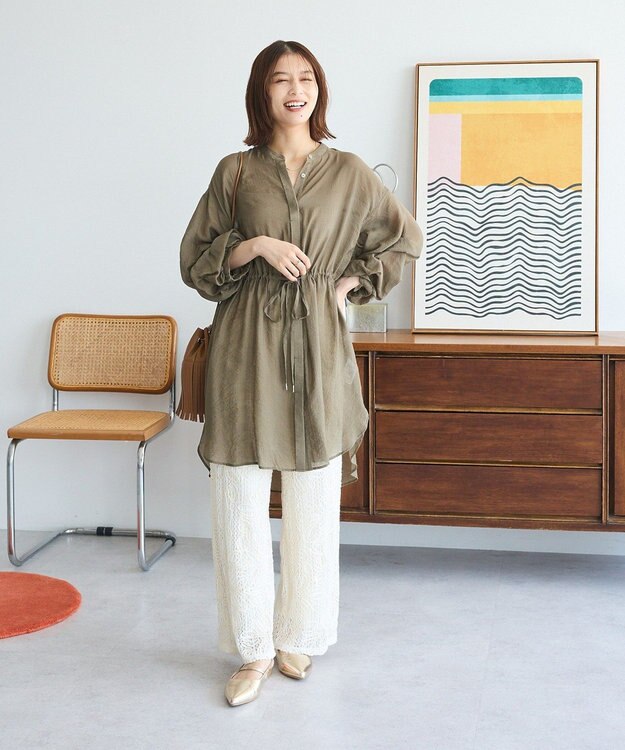 Green Parks バンドカラー比翼タック袖チュニック Khaki