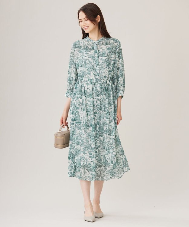 自由区 L 【洗える】ランドスケーププリント ワンピース ボトルグリーン