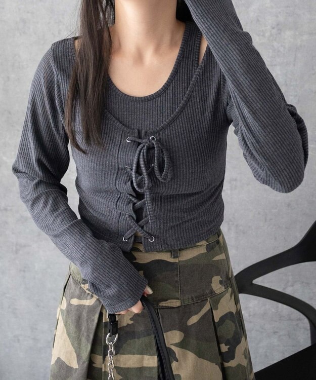 WEGO レイヤードレースアップ長袖トップス ダークグレー