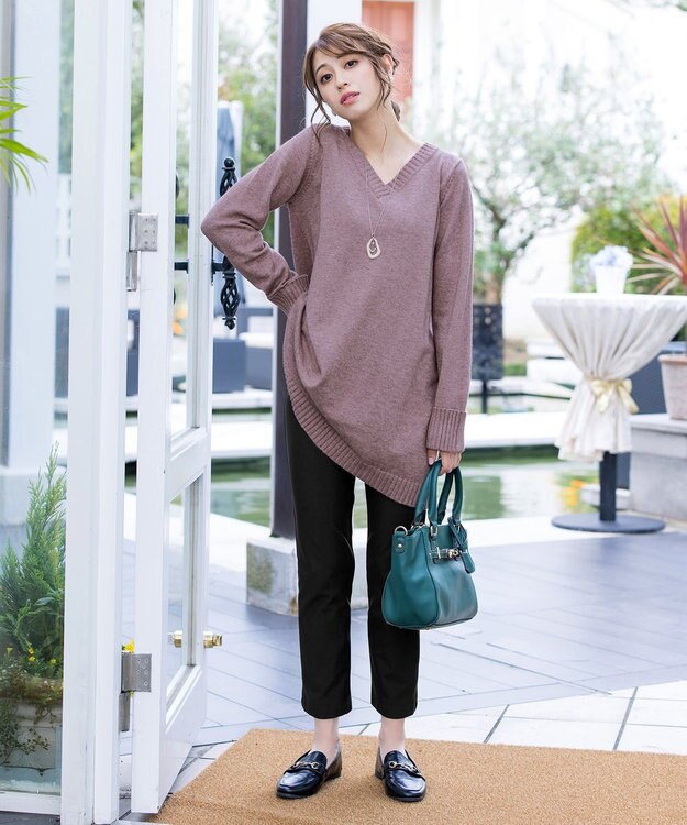 Tiaclasse 【洗える】Vネックリブニットチュニック モカ