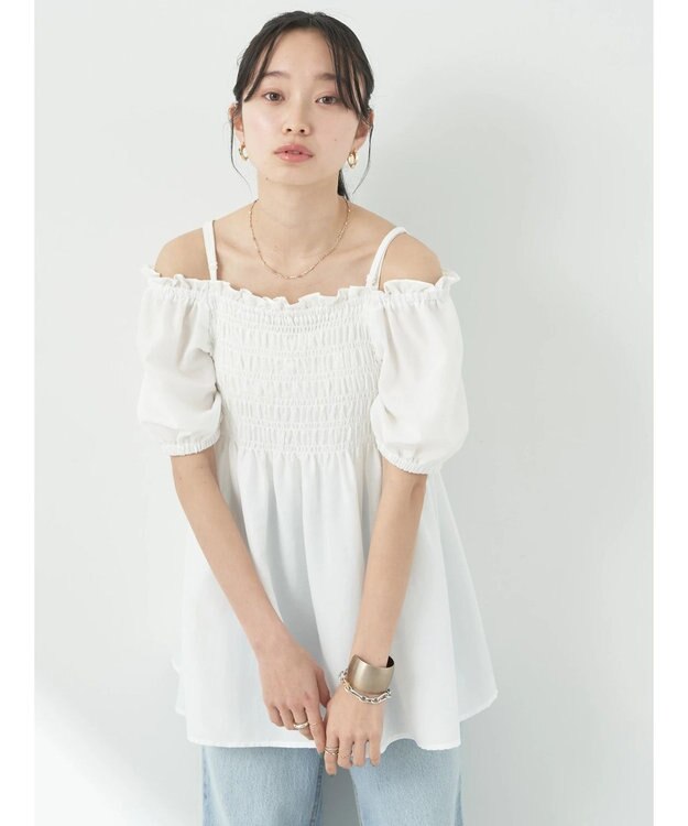 earth music&ecology ２ｗａｙショルダーシャーリングチュニック Off White