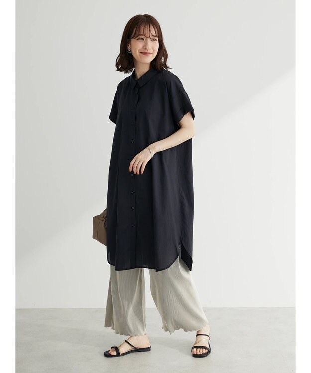 Green Parks ミディ丈半袖シャツワンピース Black