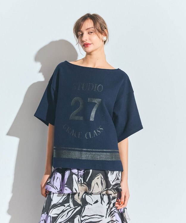 GRACE CONTINENTAL ナンバープリントループ裏毛トップ ネイビー