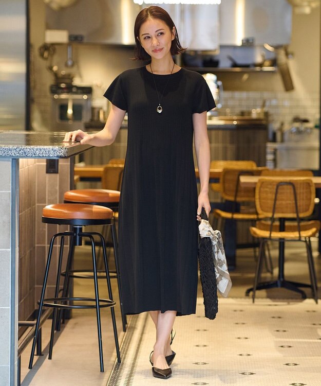 自由区 【洗える】ハイツイストコットンアセテート ニットワンピース ネイビー系