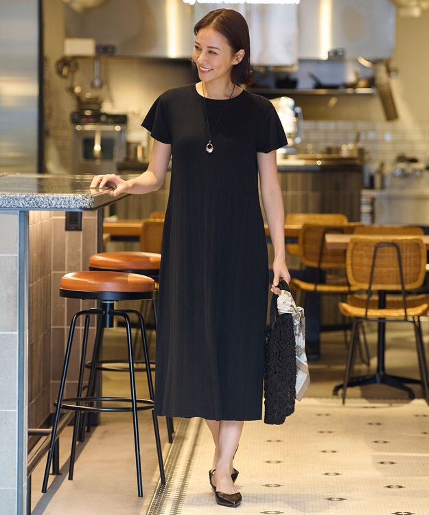 自由区 【洗える】ハイツイストコットンアセテート ニットワンピース ネイビー系