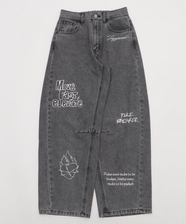 WEGO 刺繍ロゴバレルレッグパンツ デニムブラック