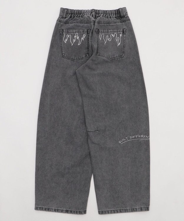 WEGO 刺繍ロゴバレルレッグパンツ デニムブラック