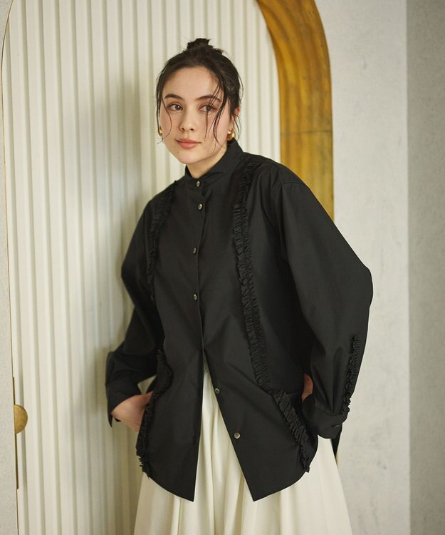 #Newans 【洗濯機可能/シワになりにくい】パネルフリルシャツ ブラック