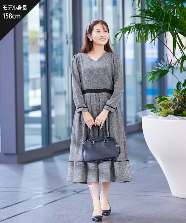 Tiaclasse 【洗える】配色パイピングフレアワンピース グレー