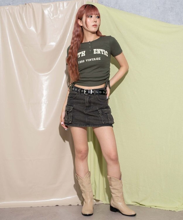 WEGO サイドギャザーヘンリーネックロゴT カーキ