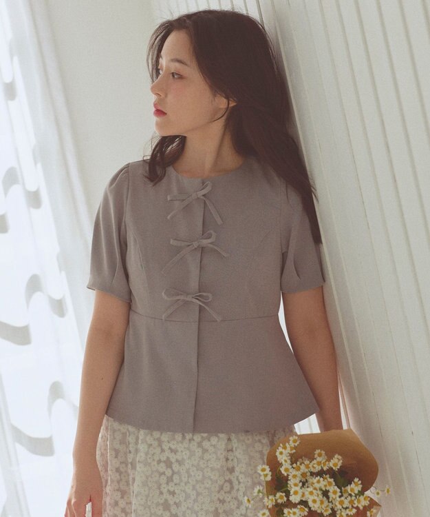 Feroux リボンブラウス ジャケット ライトグレー系