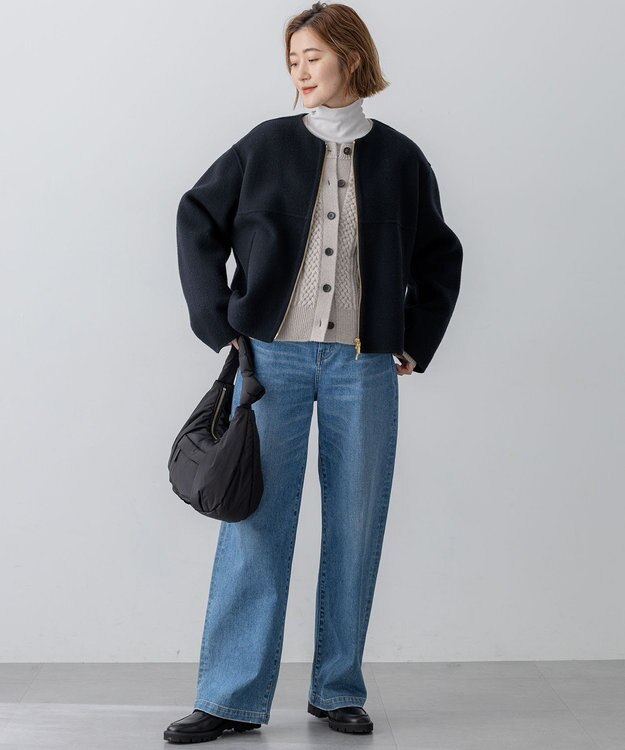 23区 L ウールライトリバー ノーカラー ショートコート ブラック系