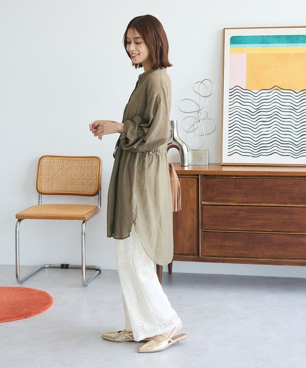 Green Parks バンドカラー比翼タック袖チュニック Khaki