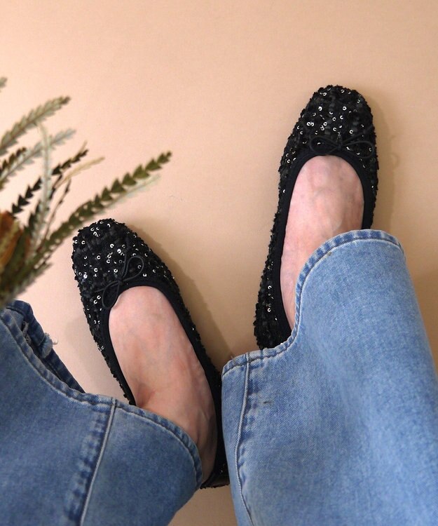 nouvelleRobe Oū 【高反発】Square スクエアトゥ グリッターバレエパンプス ブラックファブリック