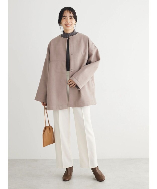 Green Parks 洗えるノーカラーショートコート Gray Beige