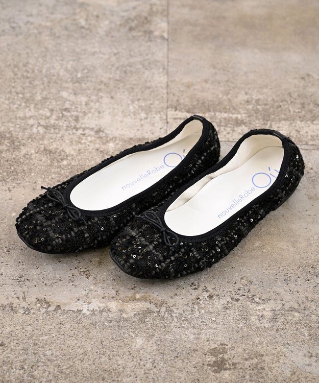 nouvelleRobe Oū 【高反発】Square スクエアトゥ グリッターバレエパンプス ブラックファブリック