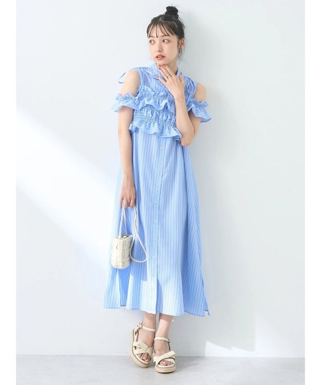 earth music&ecology ＳＥＴ２点シャーリングビスチェ×シャツワンピース Stripe Blue