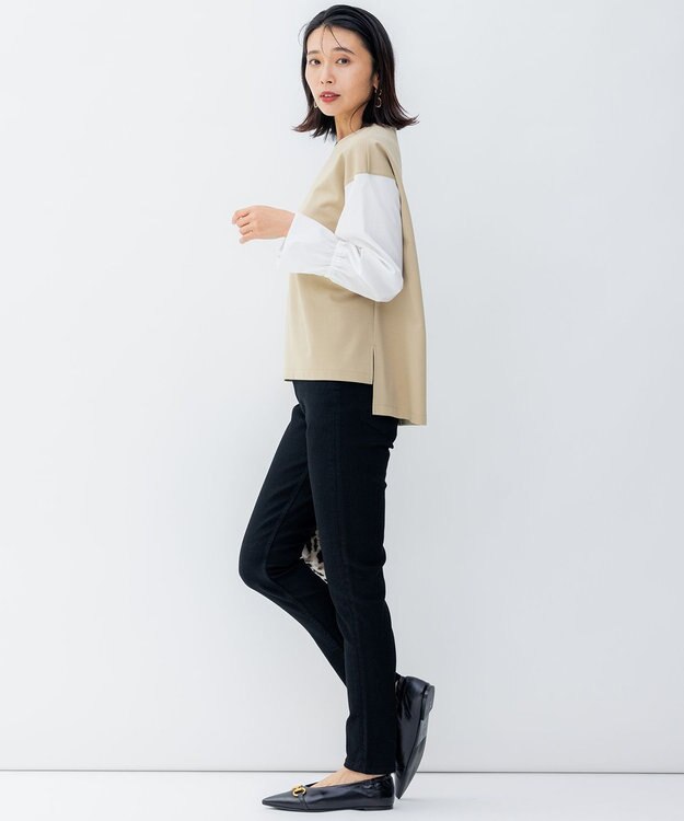 23区 L 【洗える】コンビネーション キャンディースリーブ カットソー ベージュ×ホワイト