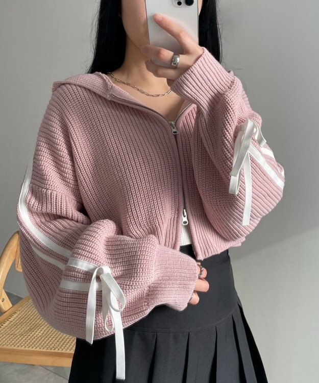 WEGO ラインリボンダブルジップニットパーカー ピンク