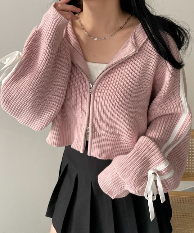 WEGO ラインリボンダブルジップニットパーカー ピンク