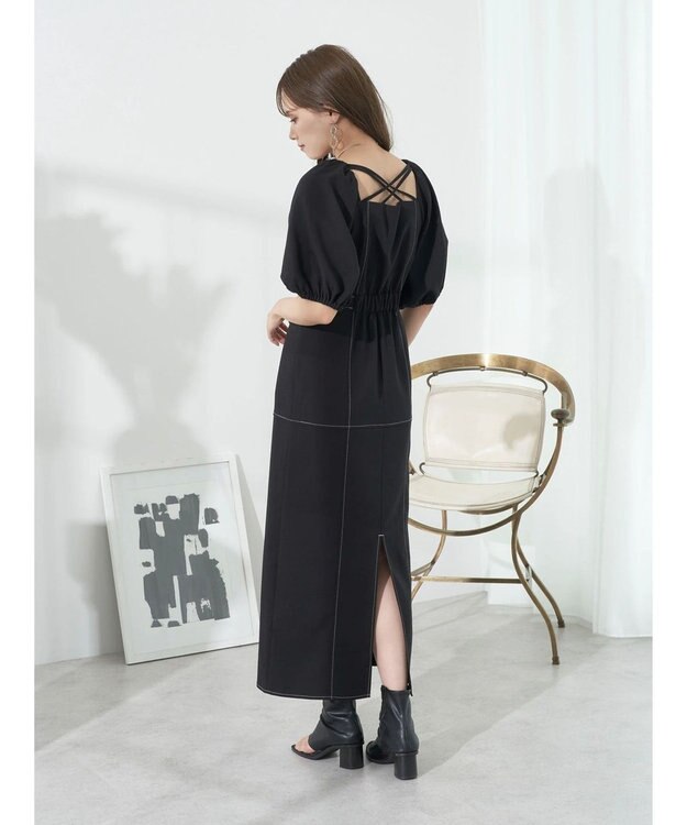 earth music&ecology 配色ステッチパフスリーブワンピース Black