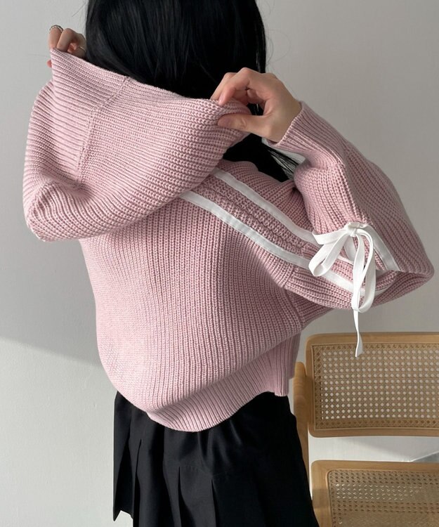 WEGO ラインリボンダブルジップニットパーカー ピンク