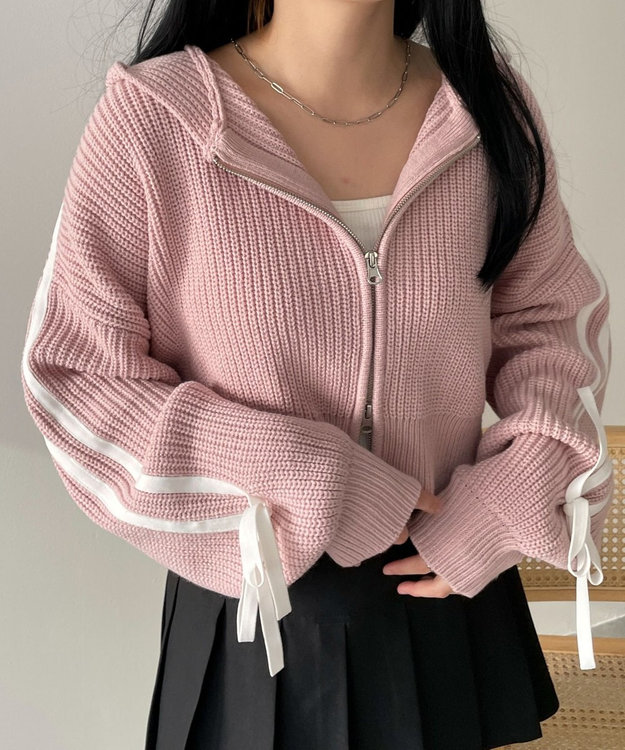 WEGO ラインリボンダブルジップニットパーカー ピンク