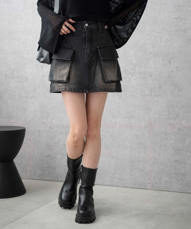 WEGO ヴィンテージウォッシュデニムカーゴミニスカート ブラック