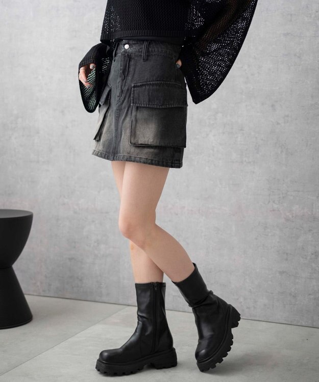 WEGO ヴィンテージウォッシュデニムカーゴミニスカート ブラック