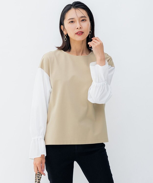 23区 L 【洗える】コンビネーション キャンディースリーブ カットソー ベージュ×ホワイト