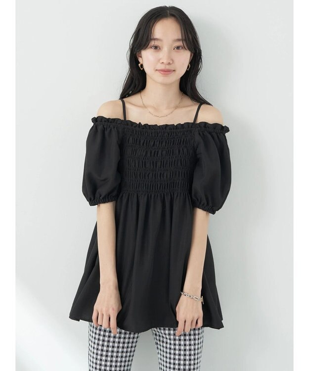 earth music&ecology ２ｗａｙショルダーシャーリングチュニック Black