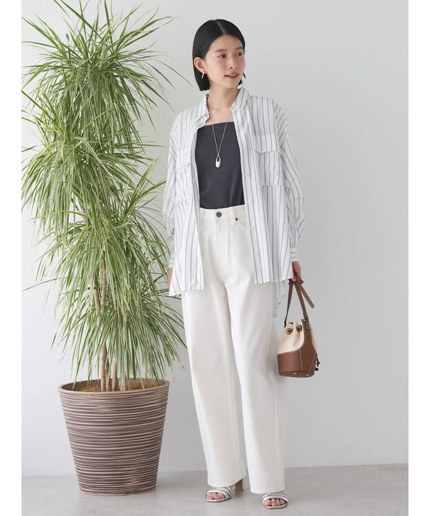 AMERICAN HOLIC 接触冷感Ｗポケット袖タックシャツチュニック Stripe