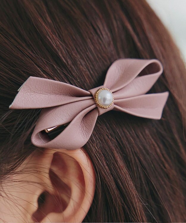 Tiaclasse 【2TYPE/ゴム＆クリップ】レザーリボンヘアアクセサリー クリップ：ピンク